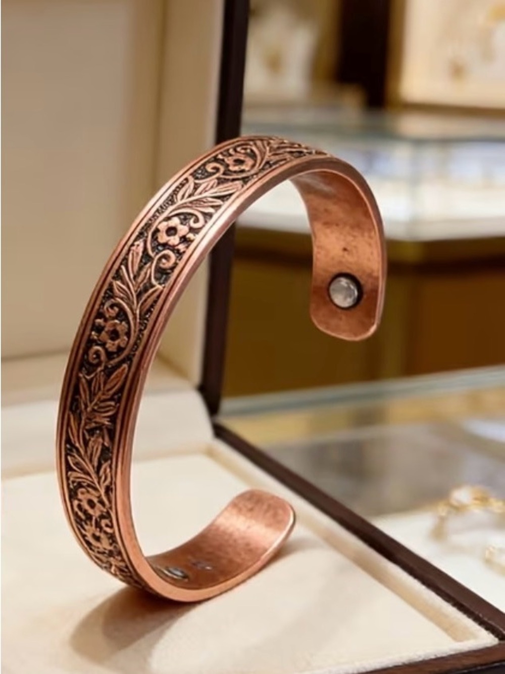Western Bracelet Copper Floral Engraved Magnetic Therapy Cuff Bracelet - Copper